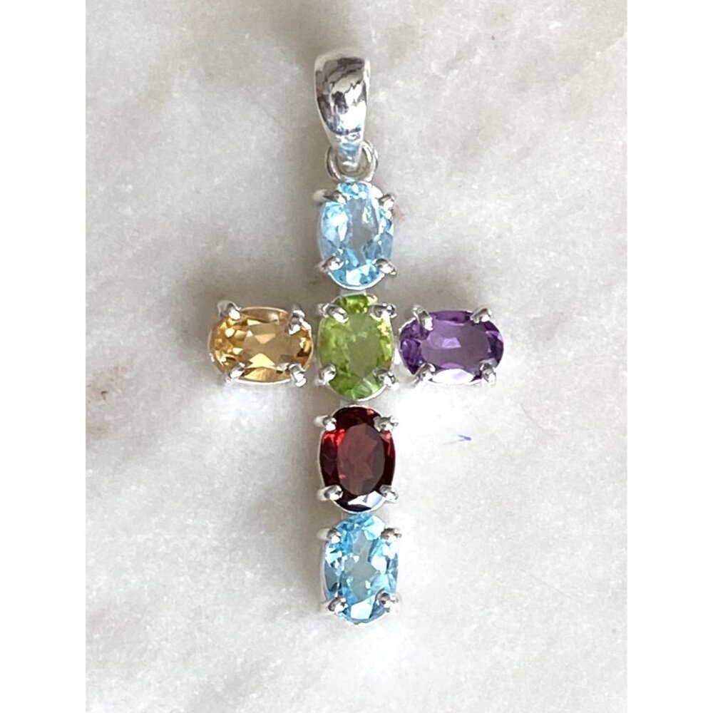 NEW Sterling Silver Multi-Gemstone Cross Pendant